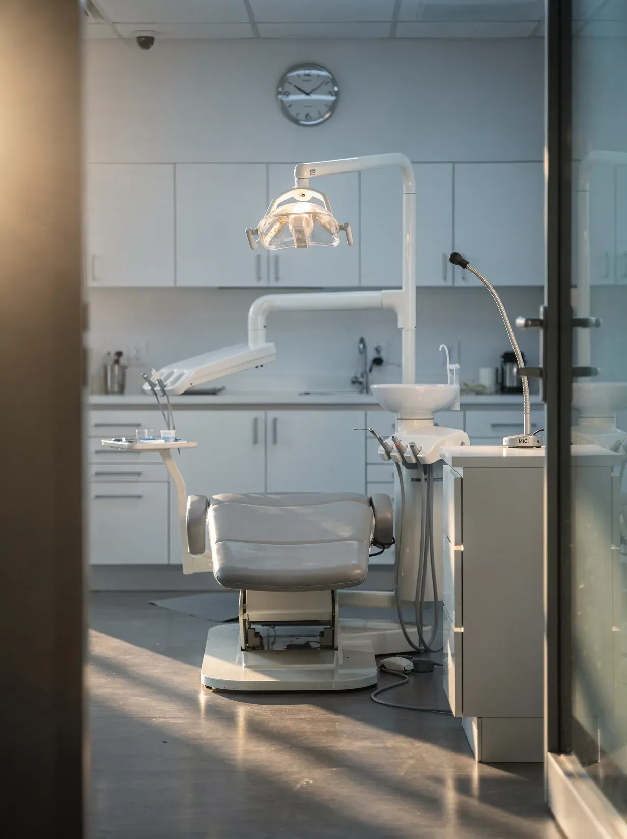 An empty dental operatory in morning light: the chair, the overhead light and a microphone on the counter.