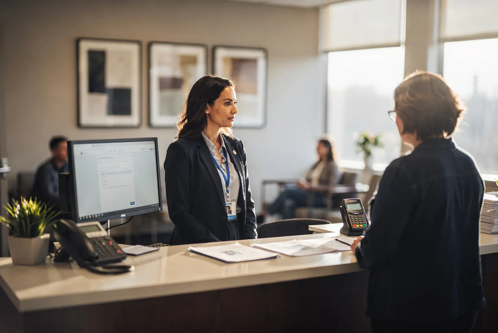 An office manager at the front desk talks with a patient checking out, patients waiting in the background.